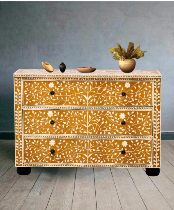 Bone Inlay Dresser – 3 Drawer Floral Chest of Drawers