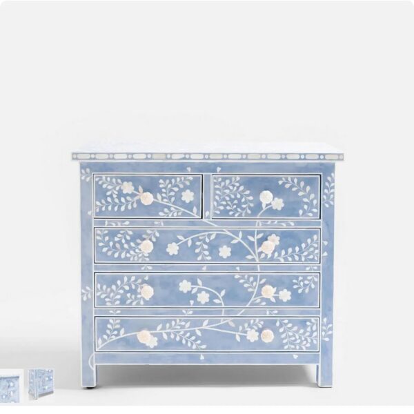 Blue Floral Bone Inlay Dresser – Handmade Indian Chest of Drawers