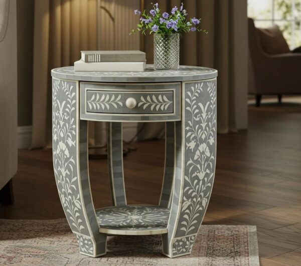 Grey Round Bone Inlay Nightstand – Handmade Floral Bedside
