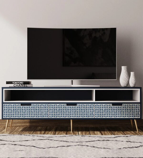 Floral Bone Inlay TV Console – Handmade Indigo Media Cabinet